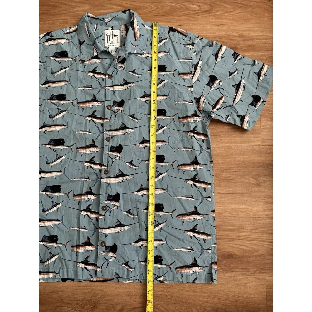 AFTCO‎ Guy Harvey Tropical Fish Print Button Up Short Sleeve Shirt Men's LG Blue